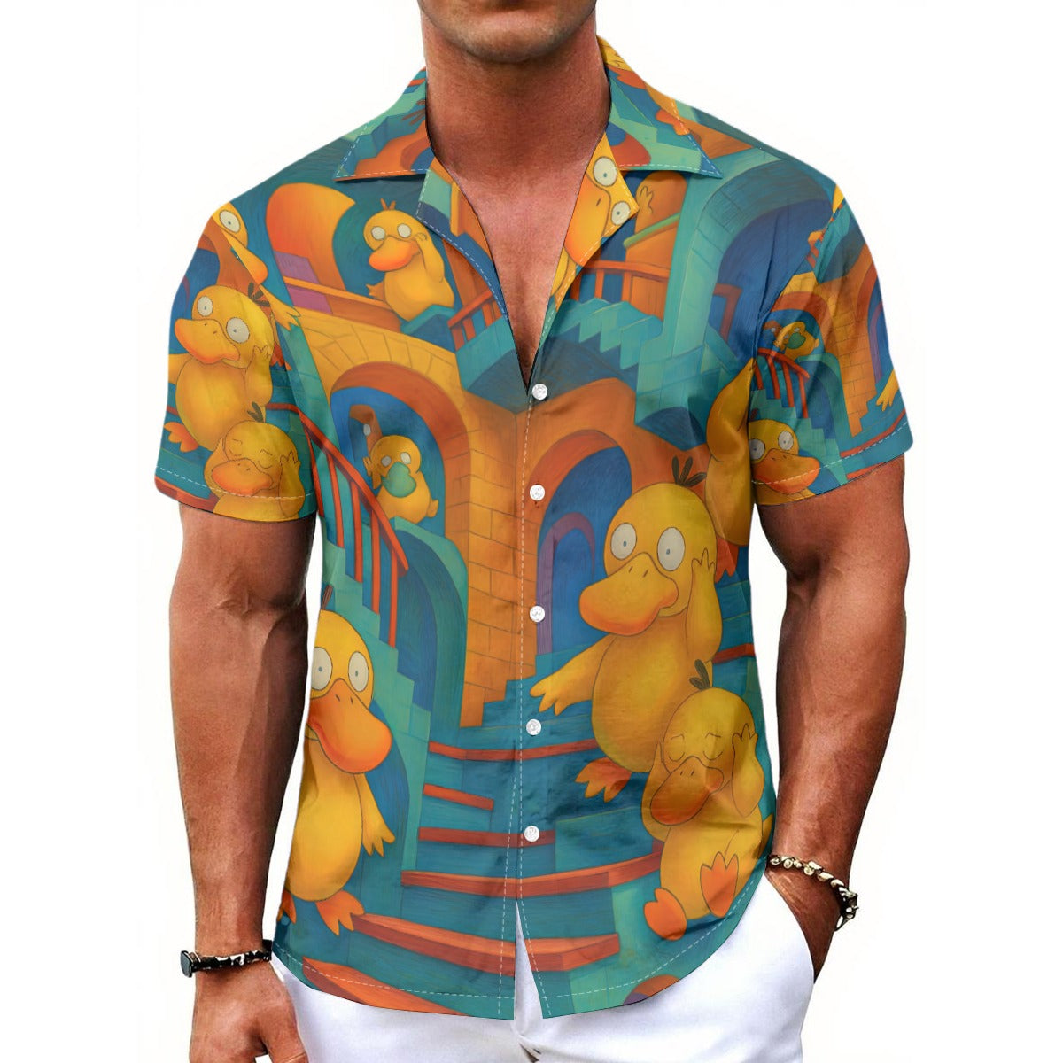 All-Over Psyduck Print Men's Hawaiian Shirt With Button Closure