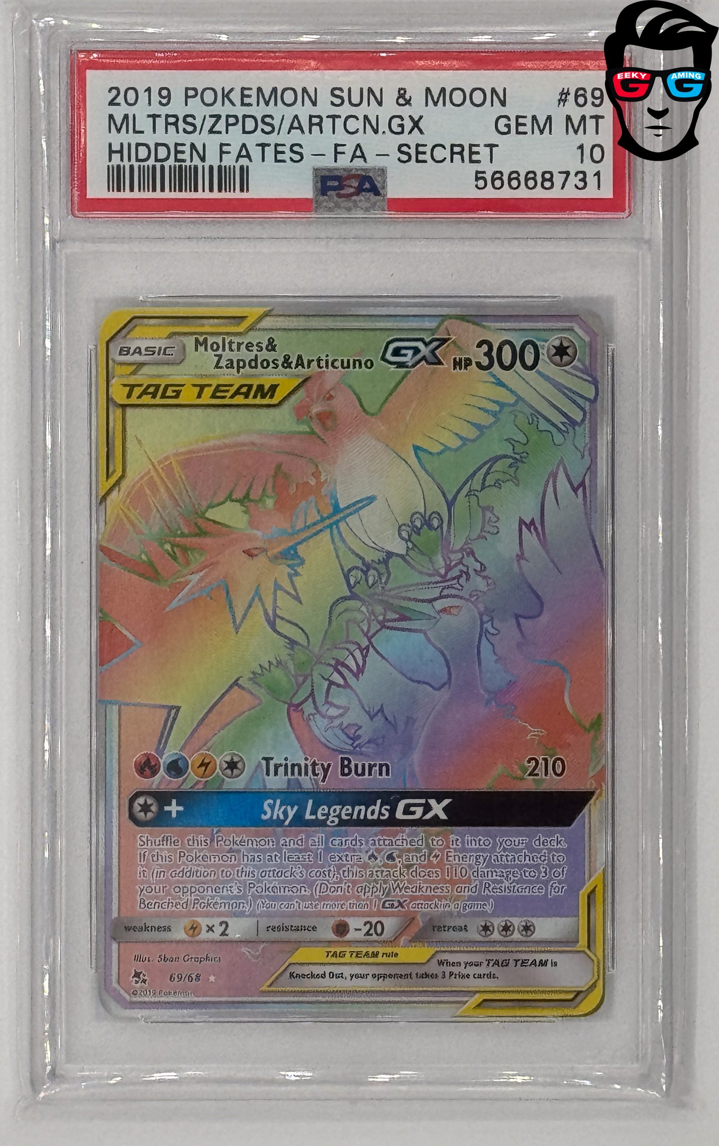 PSA 10 Moltres and Zapdos and Articuno GX #69/68 Hidden Fates Rainbow Rare