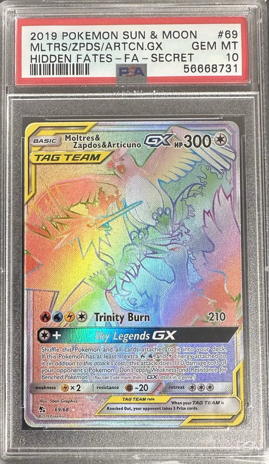 PSA 10 Moltres and Zapdos and Articuno GX #69/68 Hidden Fates Rainbow Rare