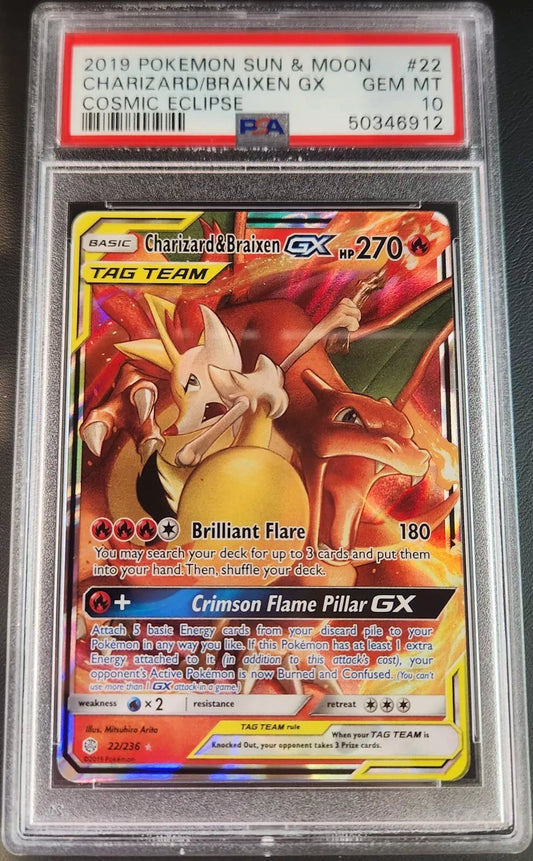 PSA 10 Charizard & Braixen GX #22 – Pokémon TCG Cosmic Eclipse