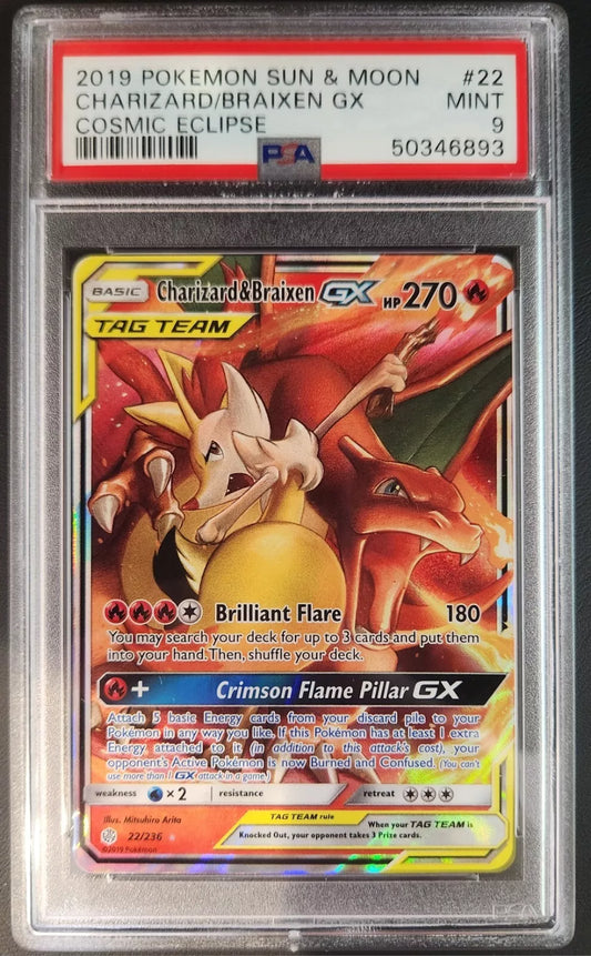 PSA 9 Charizard & Braixen GX #22 Pokemon Cosmic Eclipse