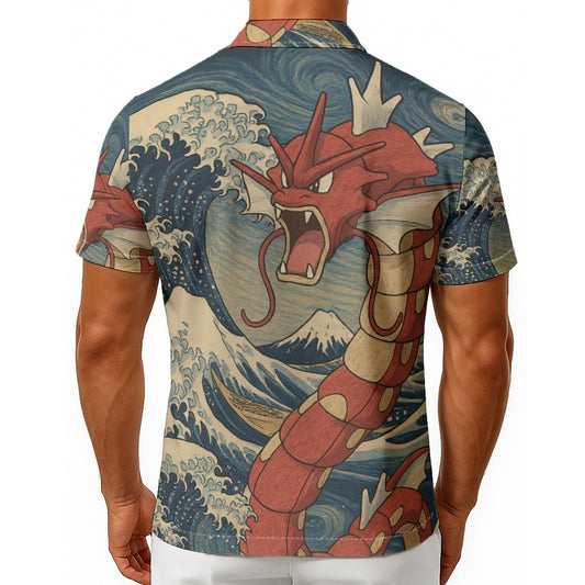 All-Over Wave Gyarados Print Men's Hawaiian Shirt With Button Closure