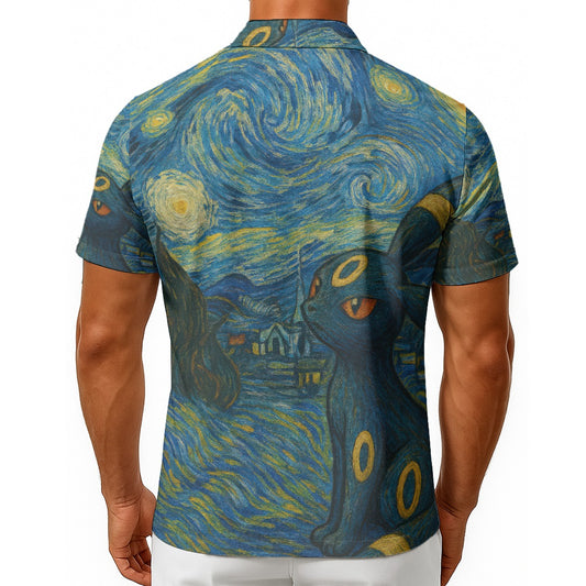 All-Over Gogh's Moonbreon Print Men's Hawaiian Shirt With Button Closure