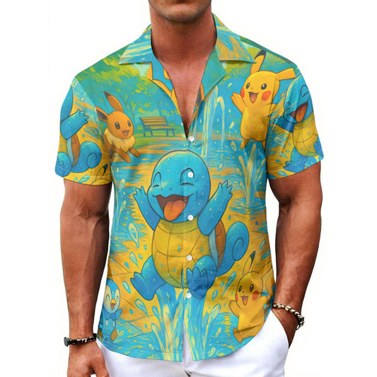 All-Over Squirtle Print Men's Hawaiian Shirt With Button Closure