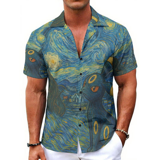All-Over Gogh's Moonbreon Print Men's Hawaiian Shirt With Button Closure