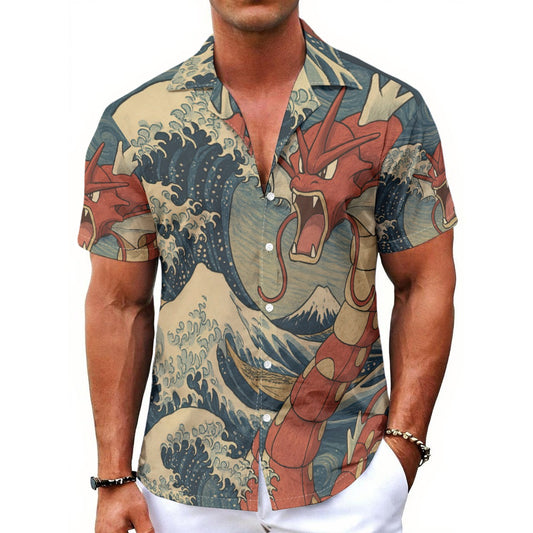 All-Over Wave Gyarados Print Men's Hawaiian Shirt With Button Closure