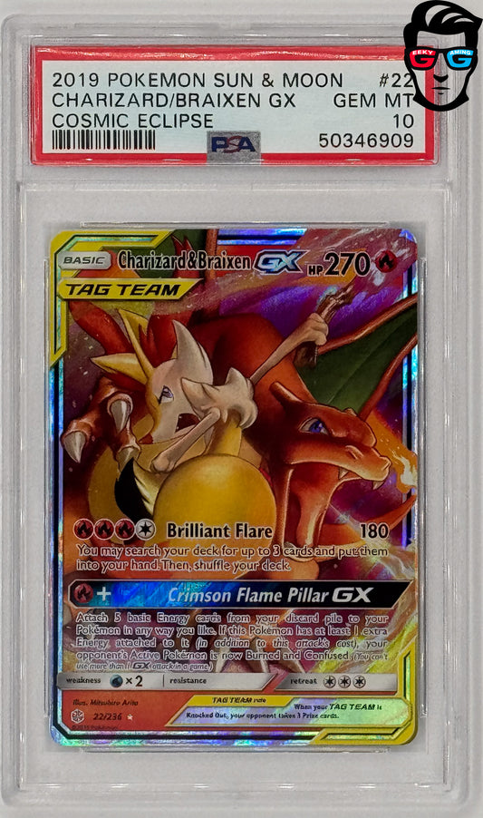PSA 10 Charizard & Braixen GX #22 – Pokémon TCG Cosmic Eclipse
