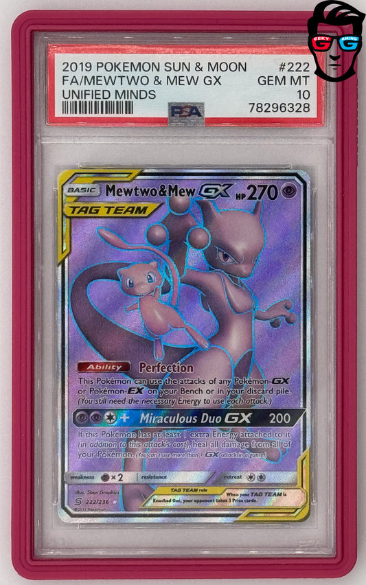 PSA 10 Mewtwo and Mew GX #222 – Sun & Moon Unified Minds