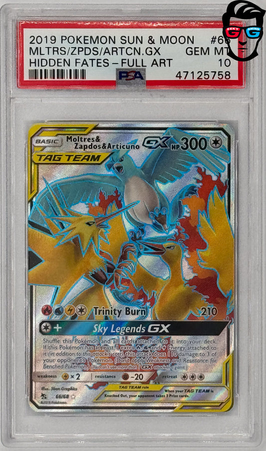 PSA 10 Moltres & Zapdos & Articuno GX #66/68 Hidden Fates Holo (Full Art)