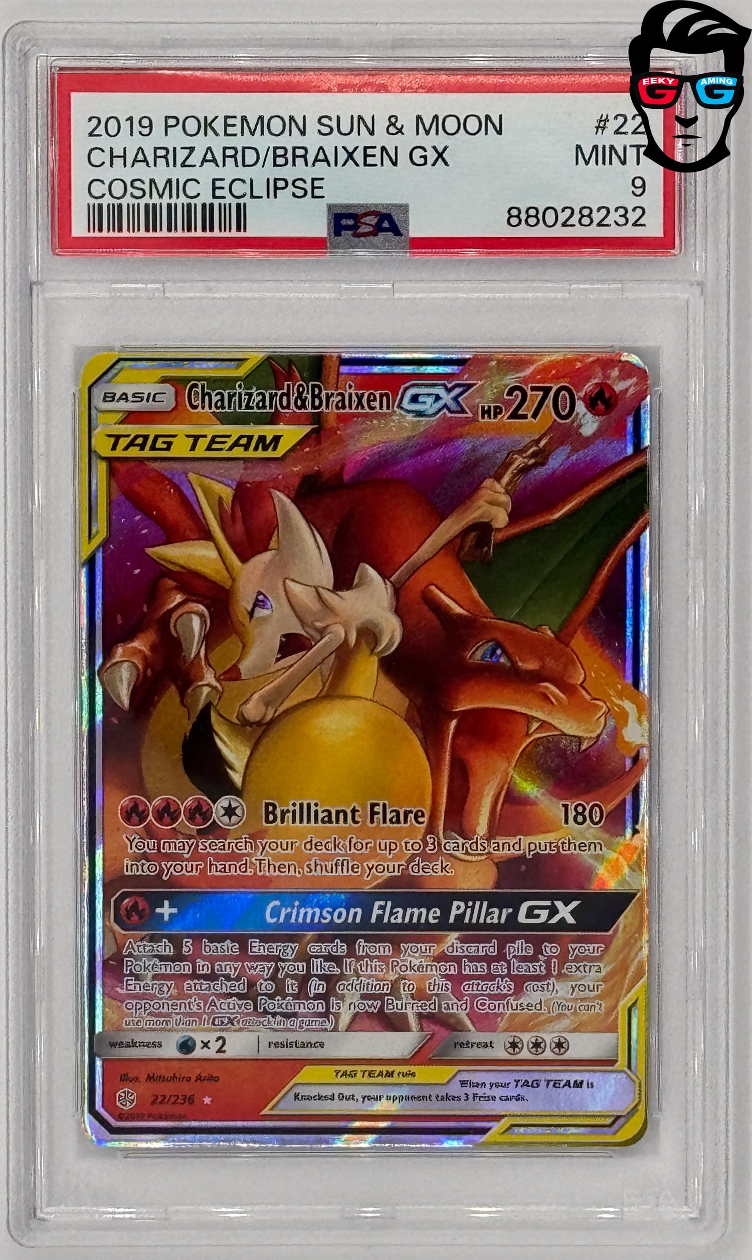 PSA 9 Charizard & Braixen GX #22 Pokemon Cosmic Eclipse