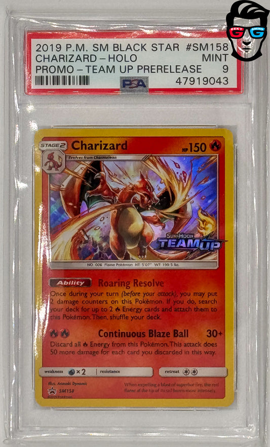 PSA 9 Prerelease Charizard Holo 2019 Pokemon Sun & Moon Team Up Promo SM158