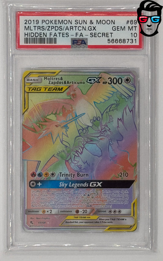 PSA 10 Moltres and Zapdos and Articuno GX #69/68 Hidden Fates Rainbow Rare
