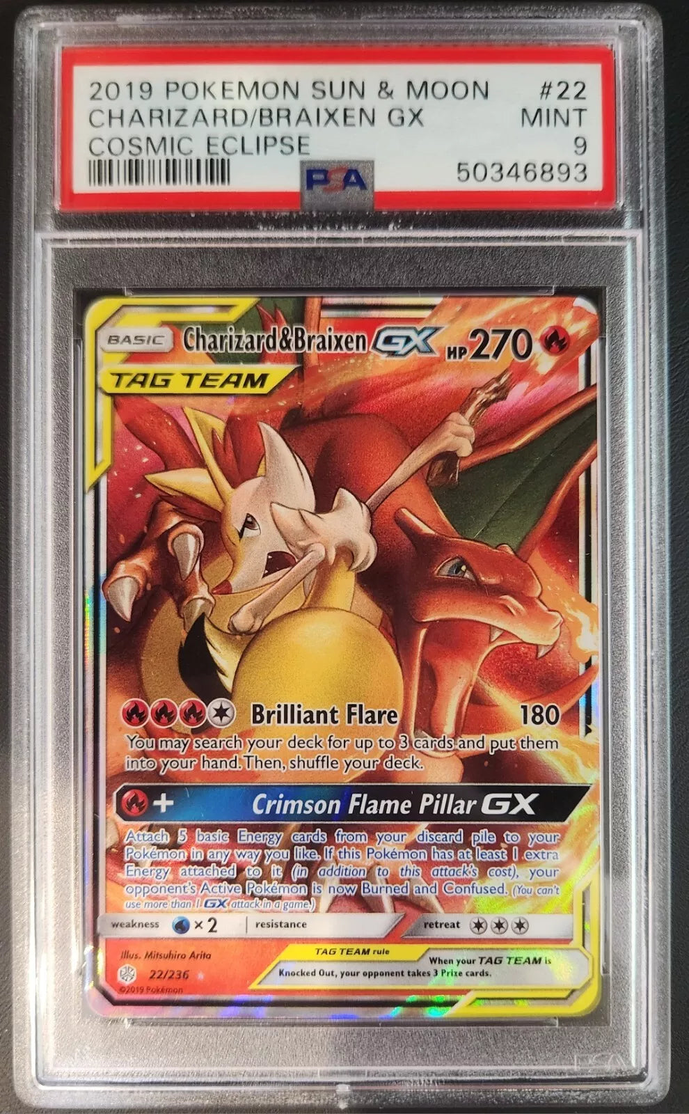 PSA 9 Charizard & Braixen GX #22 Pokemon Cosmic Eclipse