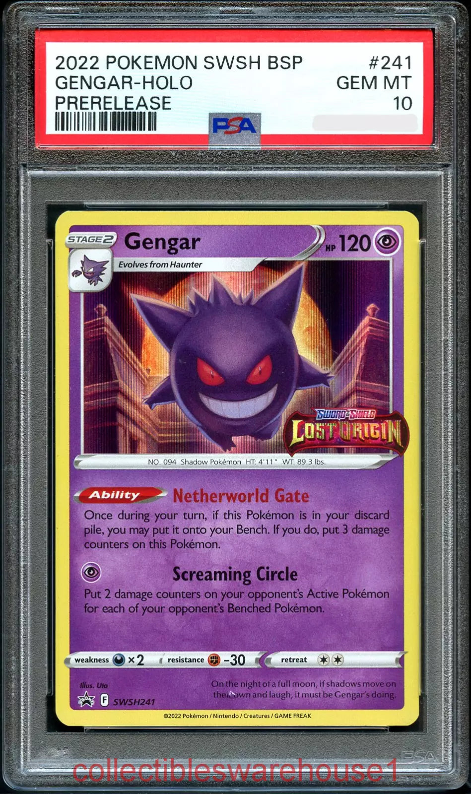PSA 10 Gengar Holo SWSH241 Lost Origin Prerelease Promo